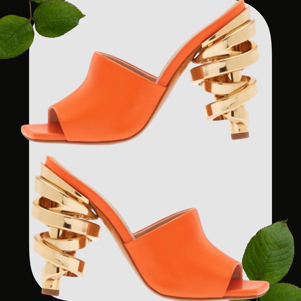 Keeyahri Orange and Gold Spiral-Heel Mule Sandals